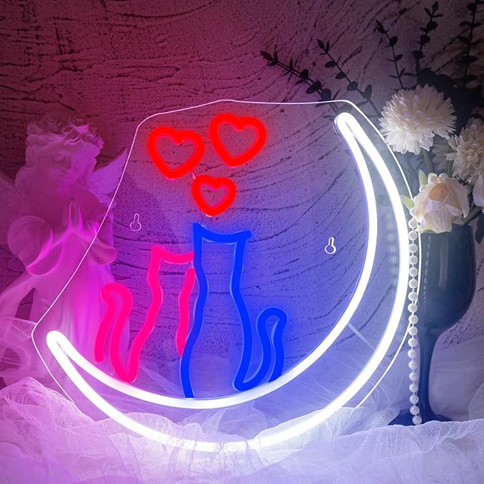 Two Cats on Moon Neon Sign,Cute Couple Kittys Neon Lights for Wall Decor,Kawaii Animal 3D LED Neon,USB Light Up Signs for Girls Bedroom Bar Home Party Valentine's Day Cat Lovers Weddings