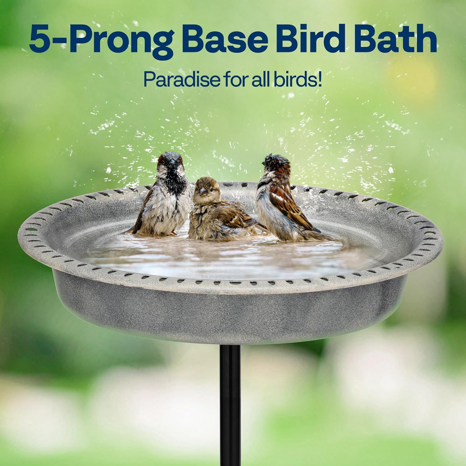 VIVOHOME Oval Polyresin Bird Bath Bowl with Metal Stake, 29 Inch Height Outdoor Freestanding Birdfeeder, Capacity 1.3 Gallons, 5-Pronged Base, Gray