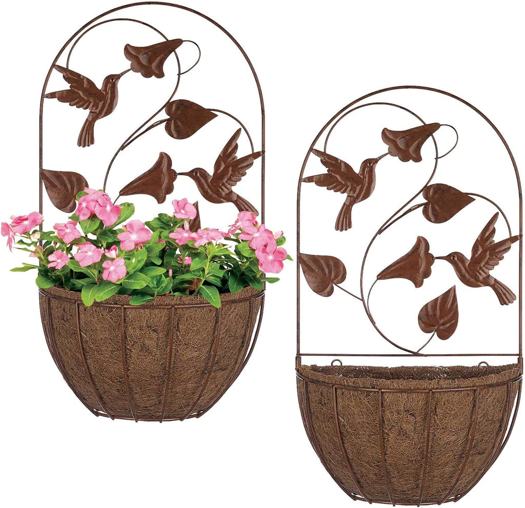 BAYN 2PKs Wall Hanging Planter Decor Art with Hummingbirds, Metal Wall Mounted Planters Indoor Outdoor Wall Planter for Succulent Herb Home Garden Yard