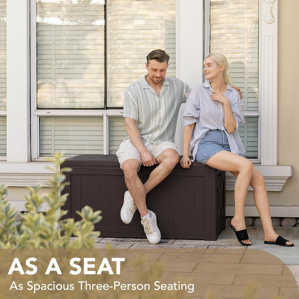 Devoko 120 Gallon Deck Box Resin Outdoor Storage Box Waterproof for Patio, Large Outdoor Storage Bench Lockable for Outside (Deep Brown)