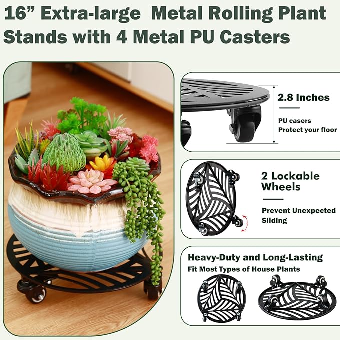 1 Pack 16 inches Extra-large Metal Plant Caddy with Wheels Heavy-duty Iron Rolling Plant Stand with Casters Indoor Outdoor Wheeled Plant Roller Base Pot Movers Plant Dolly Coaster Trolley Black