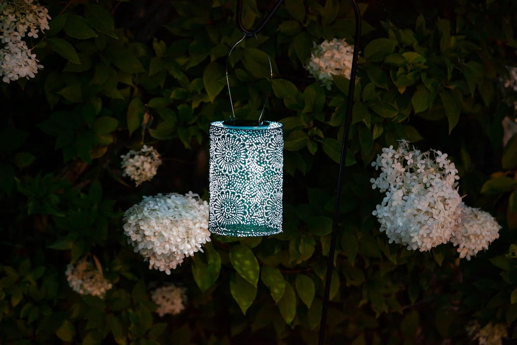 Allsop Soji Stella - Tin Art' Punched Luminaria - Cylinder - 7.5" - Outdoor Solar Latern - Metallic Emerald