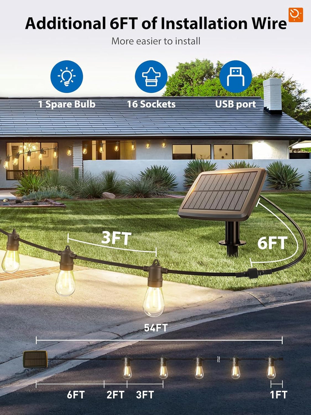 KYY 54FT Solar String Lights Outdoor Waterproof with USB Charging & Remote, Dimmable & Timable, Solar Powered Patio Lights with LED Shatterproof Bulbs for Deck Backyard Porch Garden Camping