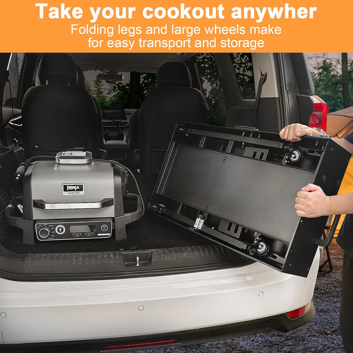 28" and 34" Upgrade Height & Quick-Fold Portable Grill Cart for Ninja Woodfire (OG700 Series), MO201 OO101 Pizza Oven, Blackstone 17"/22" Griddle – Outdoor Ninja Grill Stand with 4 Swivel Wheels