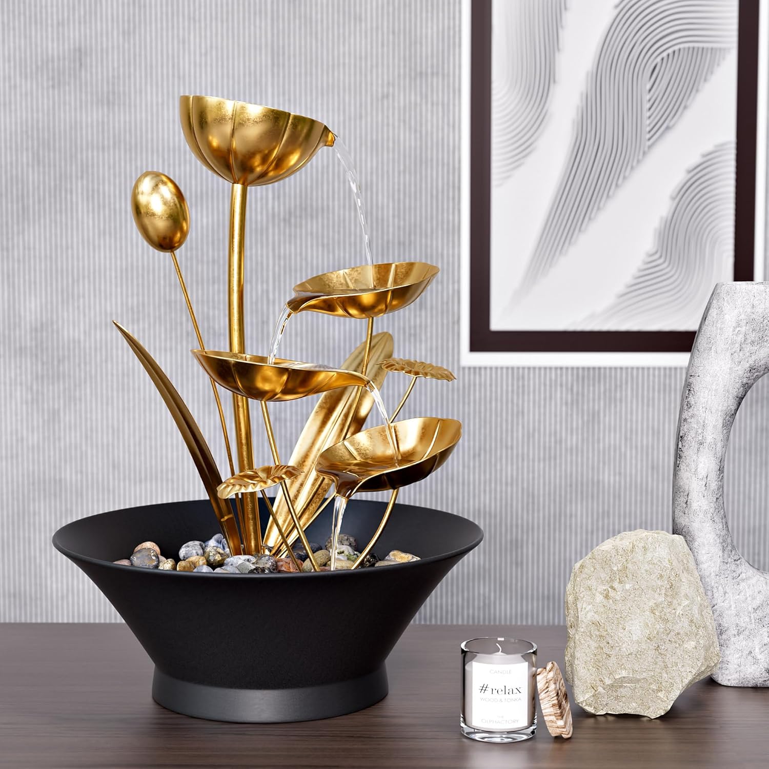 Tabletop Water Fountain, Indoor Waterfall Meditation Fountain with Golden Lotus Modeling & Natural Rocks, Home Decor for Office, Bedroom