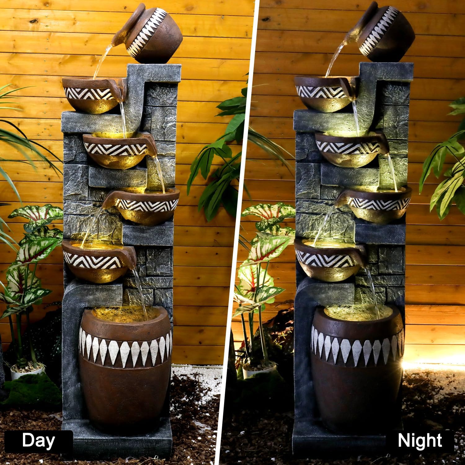 56.6" H 6-Tier Outdoor Water Fountain with LED Lights - Tall Cascading Jars Waterfall Feature with Tribal-Inspired Design for Garden, Patio, Yard, and Home Décor