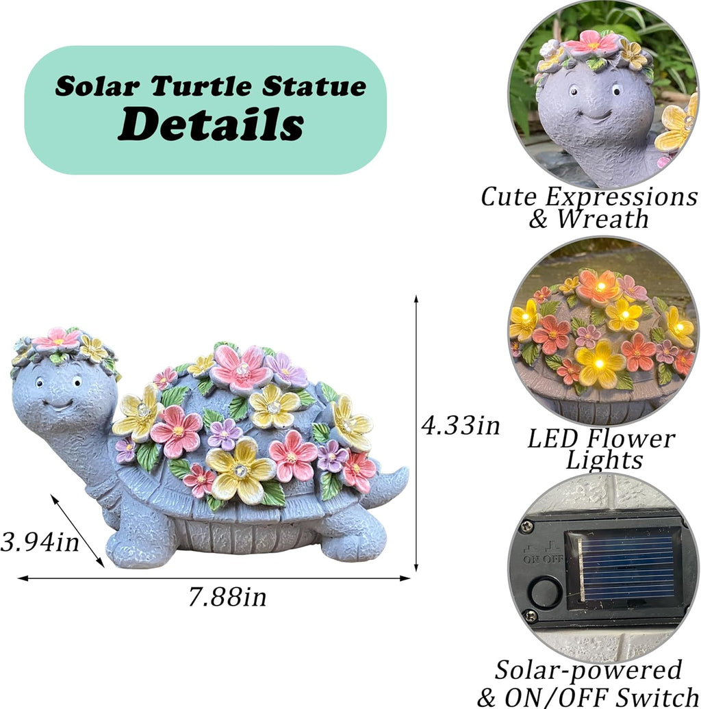 Solar Turtle Statues Garden Decor - Cute Turtle Figurine with Flowers Solar Lights, Tortoise Statue for Outdoor Yard, Lawn, Patio Decoration - Birthday Gifts for Mom Grandma Women