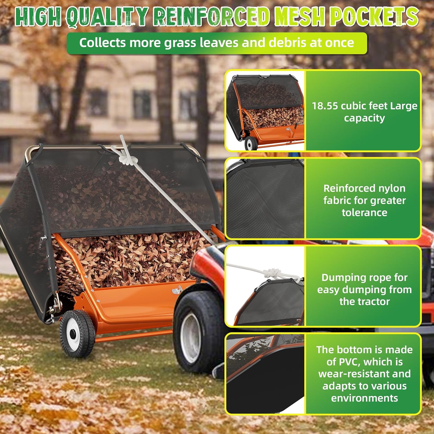 42" Lawn Sweeper Tow Behind, Grass Sweeper Tow Behind with 18.55 cu. ft Large Hopper, Heavy Duty Leaf & Grass Collector, Adjustable Brush Height Lever and Dumping Rope, Lawn and Yard Cleanup Tool