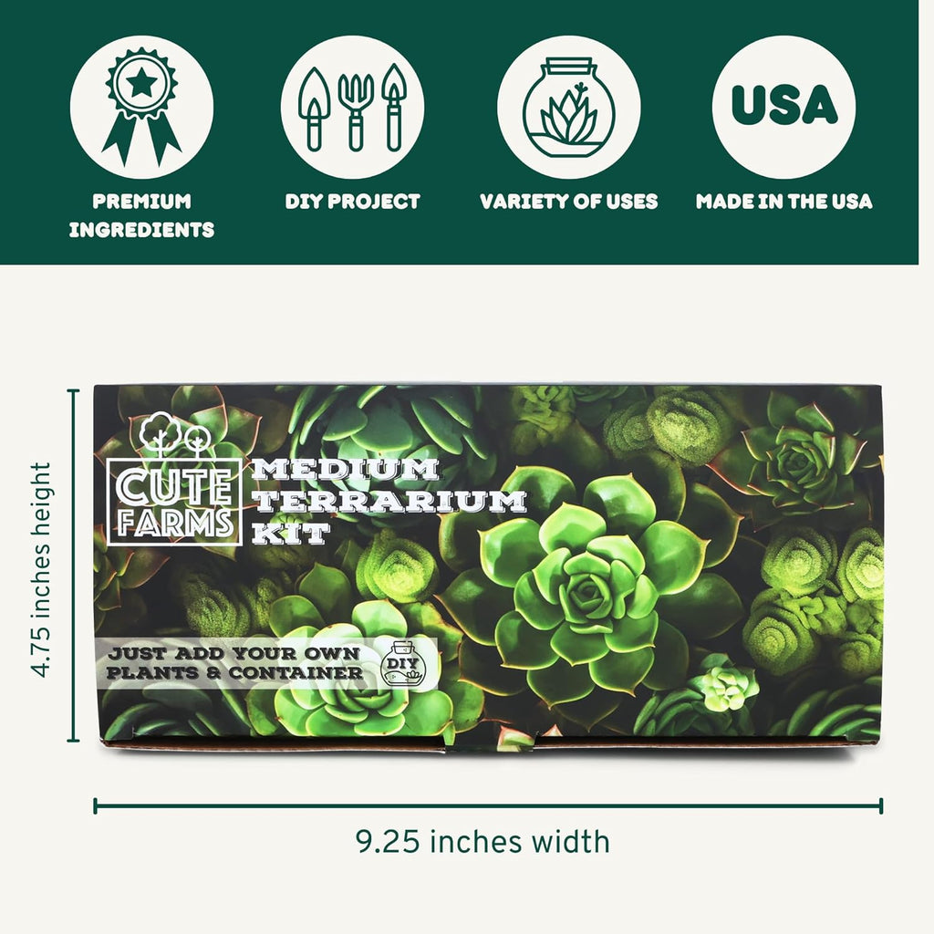 Cute Farms Terrarium Starter Kit | Moss, Vermiculite, Soil, Pebbles, Plant Food, & Finishing Tools (Medium Kit + Live Plants)