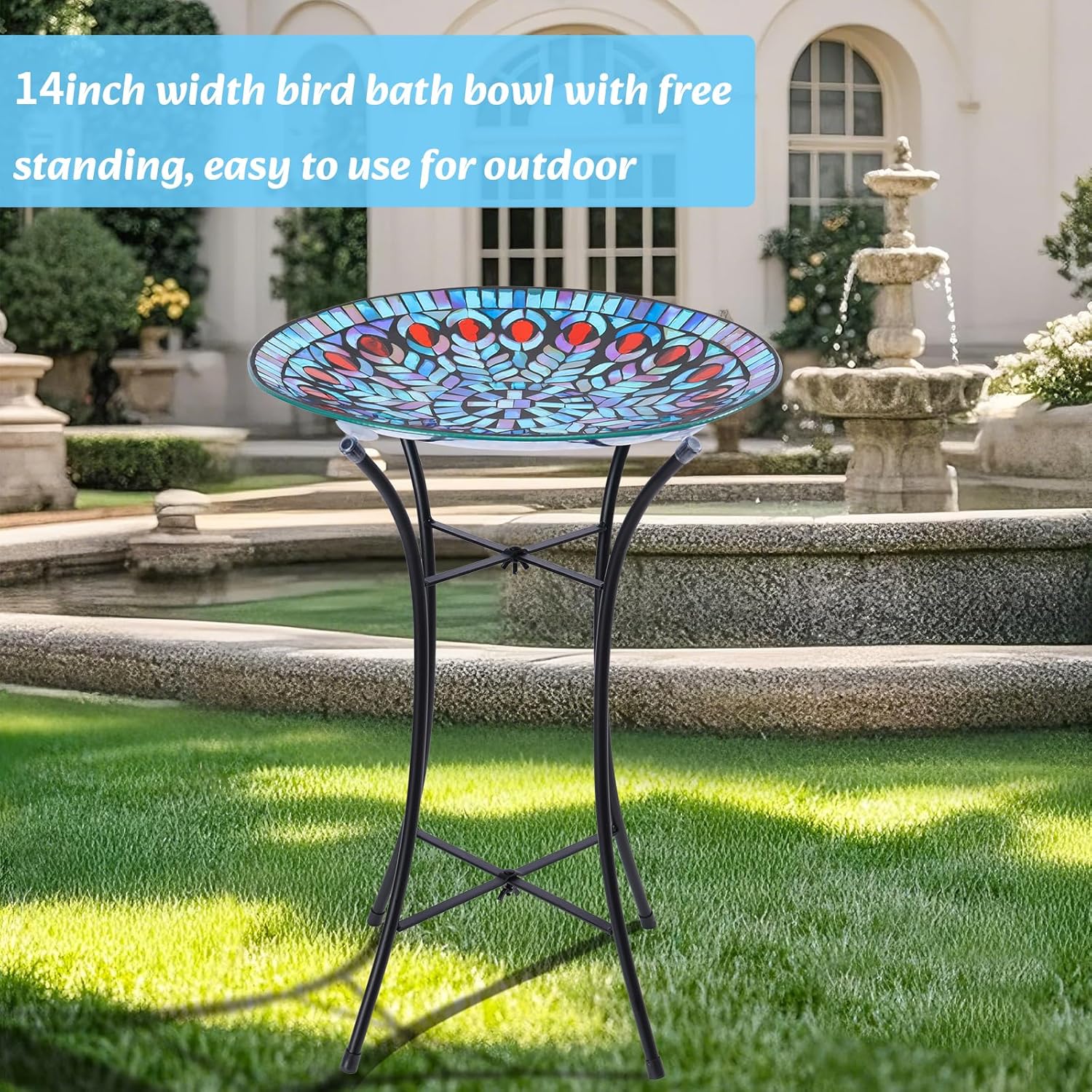 MUMTOP Mosaic Glass Bird Baths, 14 Inch Width Outdoor Garden Peacock Bird Bath Bowl with Metal Stand, Unique Glass Birdbaths Bird Feeder for Yard Decor, 19.68 Inch Height