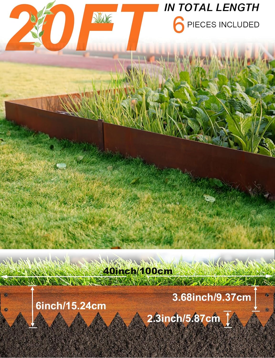 Vinci Landscape Edging Border, 40" L x 6" H 6Pack 20FT Total Rusted Corten Steel Garden Edging with Spikes, Sturdy Elegant Metal Lawn Broder for Flower Beds, Pathways, Paver Edges and Yard