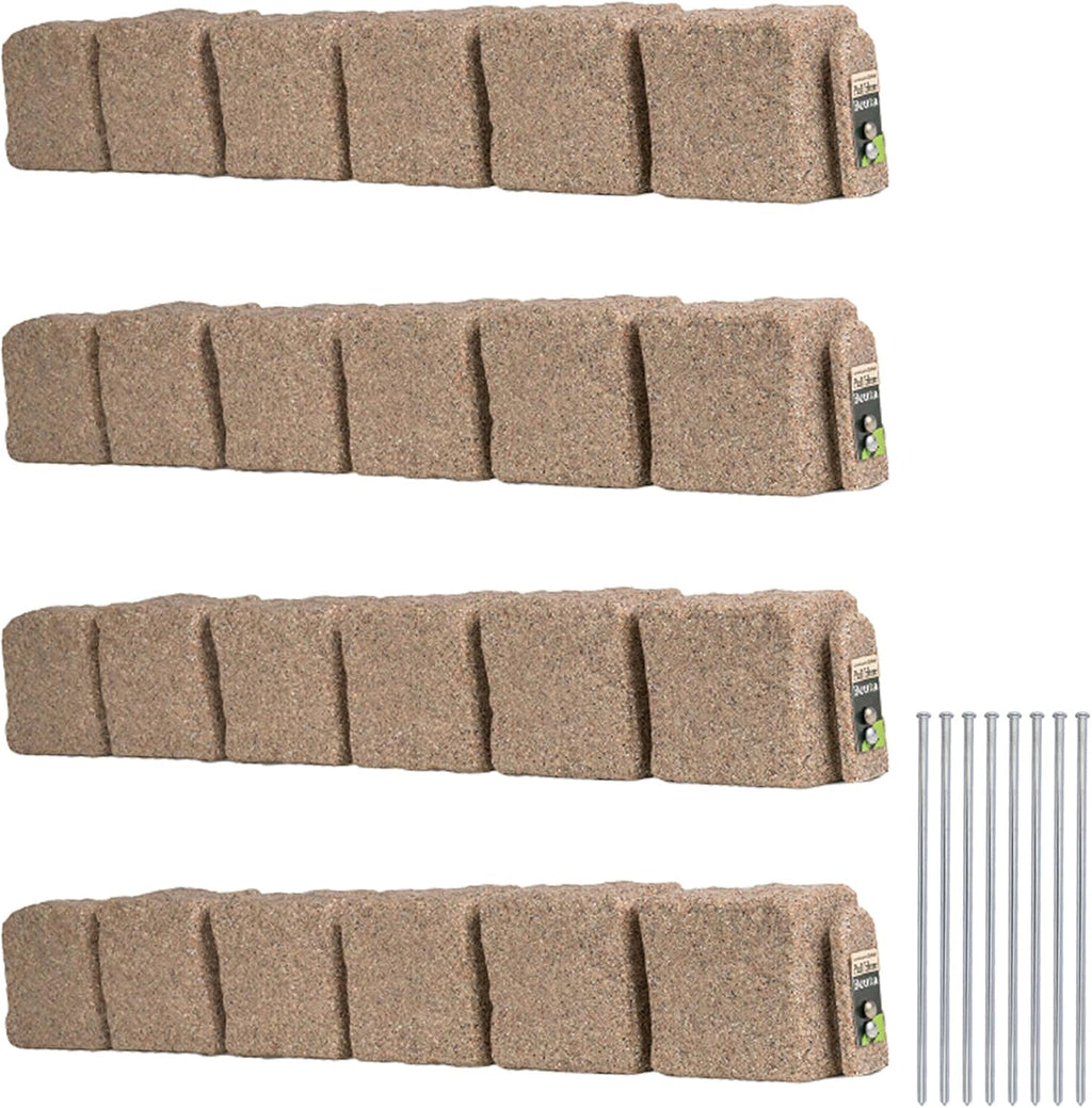 Beuta Landscape Edging | Garden Edging Border | Faux Stone Blocks for Lawn Edging, Flower Beds & Yard Edging – 4 Pack | Each Section Has 6 Blocks 48" L x 4" W x 6.5" H | 8 Spikes | Sandstone