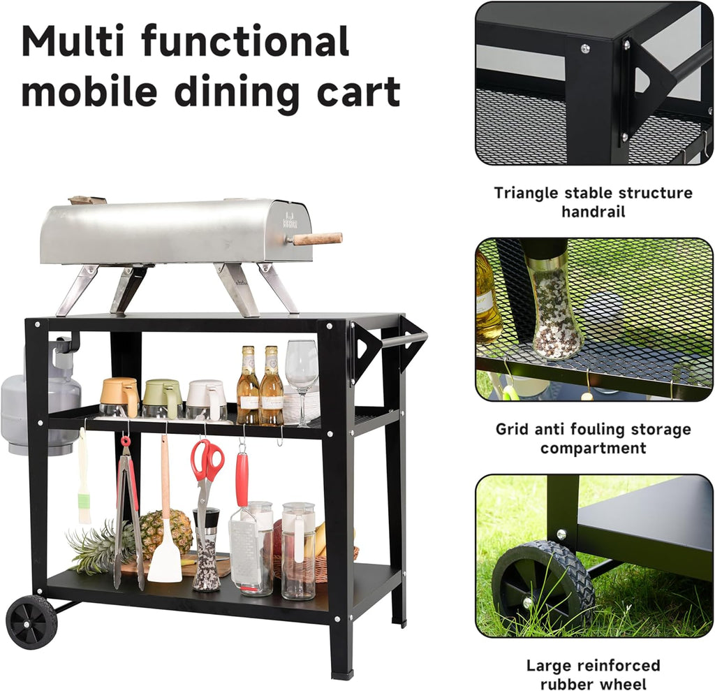 Black Outdoor Grill Cart with Wheels, Heavy-Duty 3-Tier BBQ Prep Table for Pizza Oven, Griddle, Patio – Rustproof Commercial Kitchen Cart with Tool Hooks
