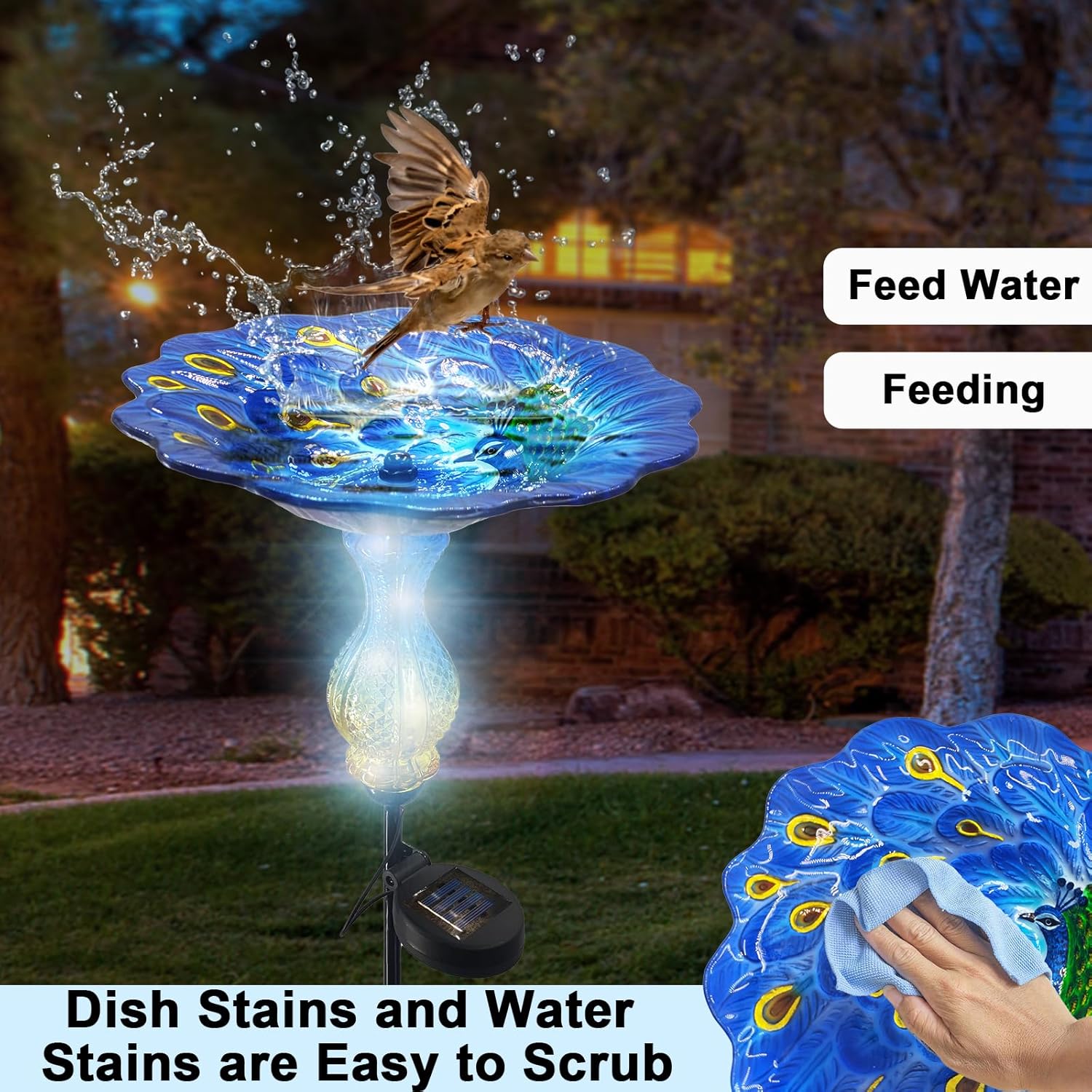 John's Studio Peacock Bird Bath for Outdoor - Glass Bowl Solar Light Bird Baths Cage Outside Dish Bird Feeder with Metal Stake for Garden, Yard and Patio - Blue 32 inches