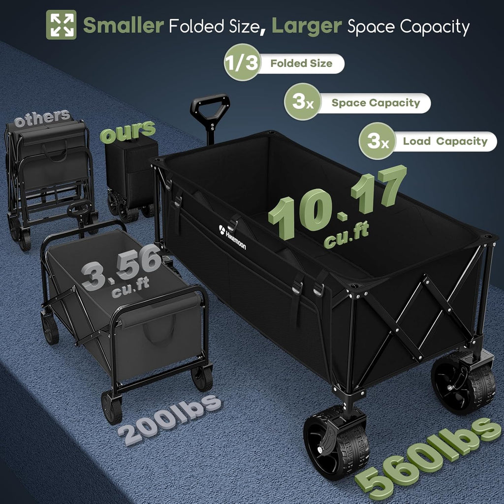 300L Extra Large Wagons Carts Foldable, 560LBS Heavy Duty Collapsible Beach Wagon 48" Long with Big All-Terrain Wheels, Utility Folding Cart for Camping, Grocery, Sports, Garden, Black