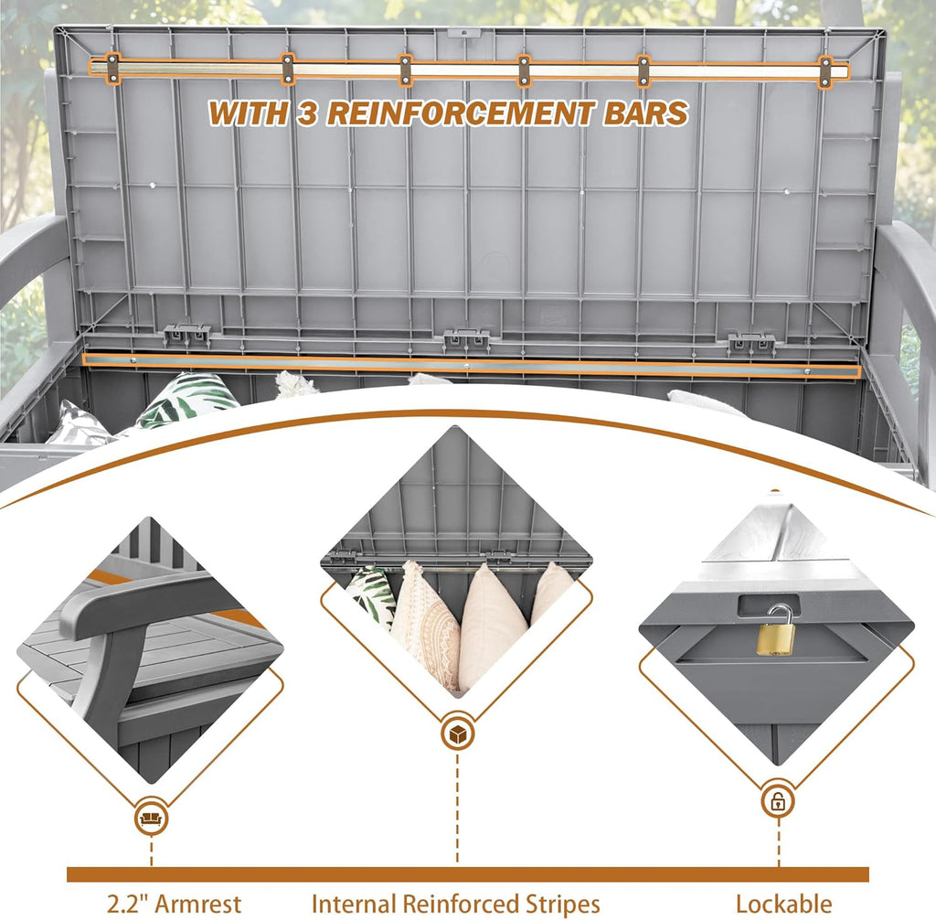 Devoko 80 Gallon Storage Bench Deck Box Lockable for Patio Furniture, Garden Decor and Outdoor Seating for Cushions, Garden Tools and Pool Supplies (Grey)