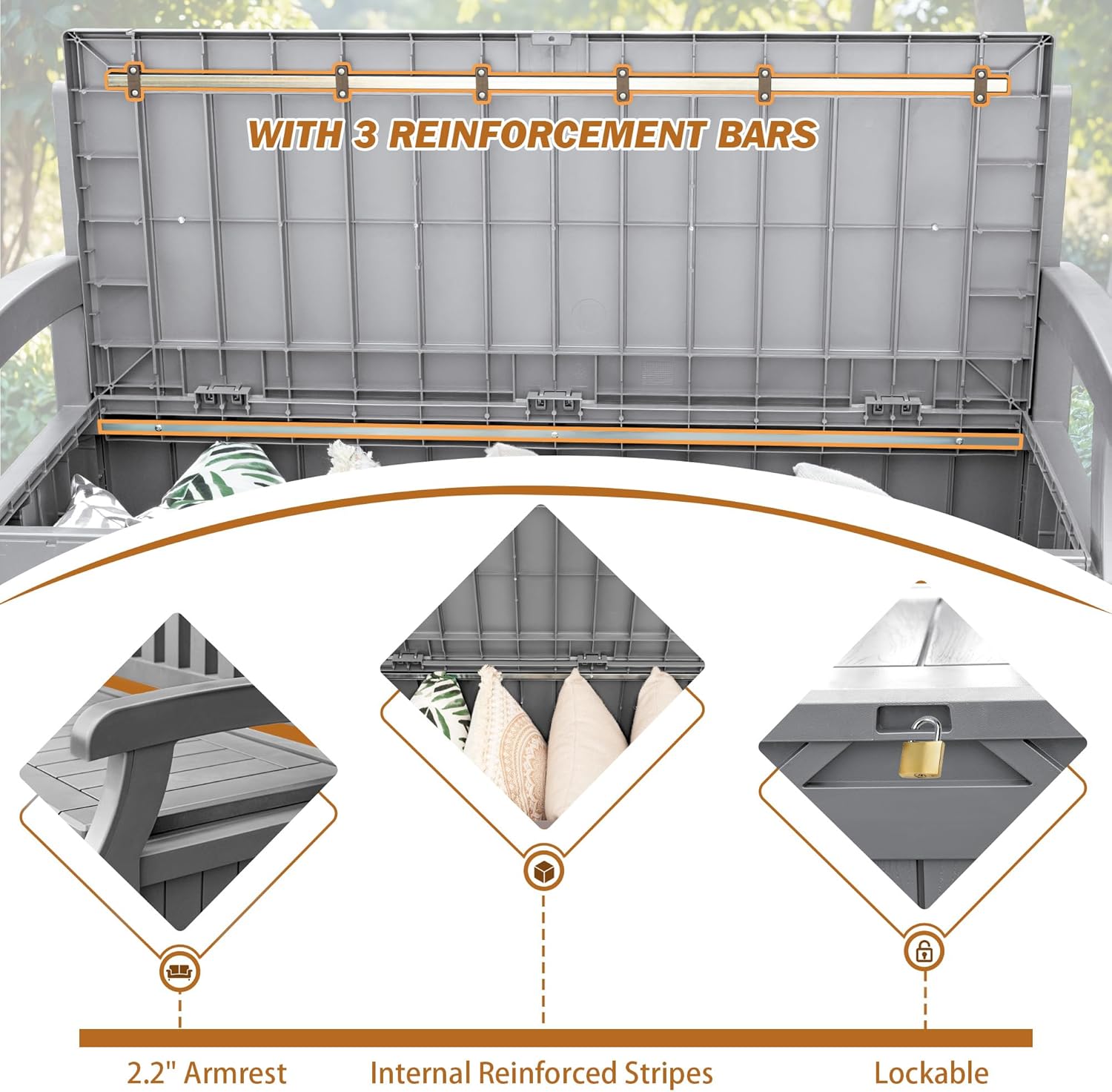 Devoko 80 Gallon Storage Bench Deck Box Lockable for Patio Furniture, Garden Decor and Outdoor Seating for Cushions, Garden Tools and Pool Supplies (Grey)