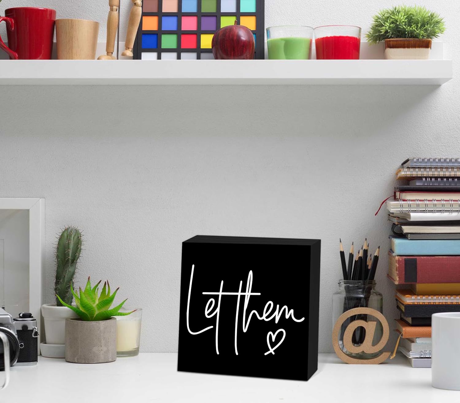 Let Them Wooden Sign, Black Office Decorations for Work, Let Them Mental Health Rustic Wood Box Signs 5x5 Inch, Desk Shelf Tabletop Decor for Home Cubicle Decor, Office Gifts for Coworkers Women, 21