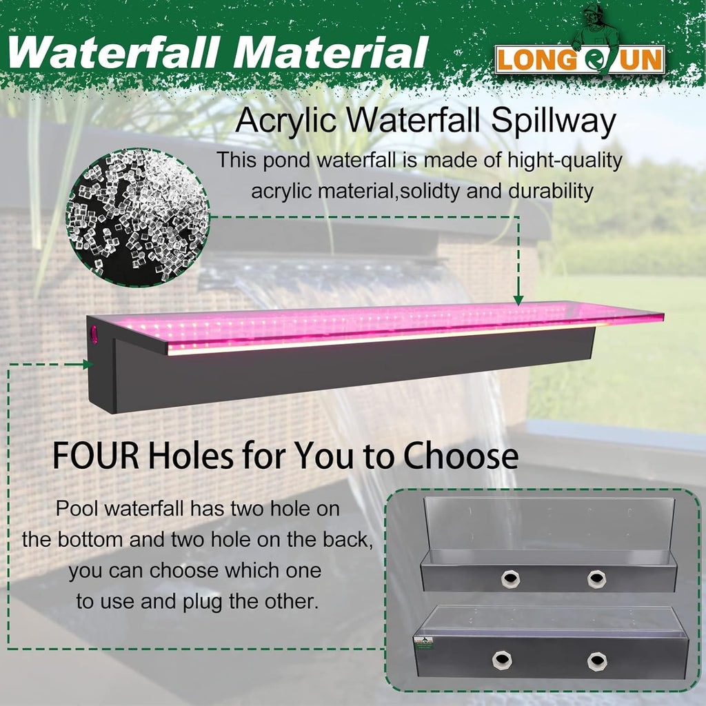 LONGRUN Acrylic Waterfall Spillway Multi-Color LED Light Pool Fountain, Water Spillway Outdoor Koi Pond Waterfalls Fountains Kit for Garden Koi Ponds Patio Swimming Pool Decoration-35.4"