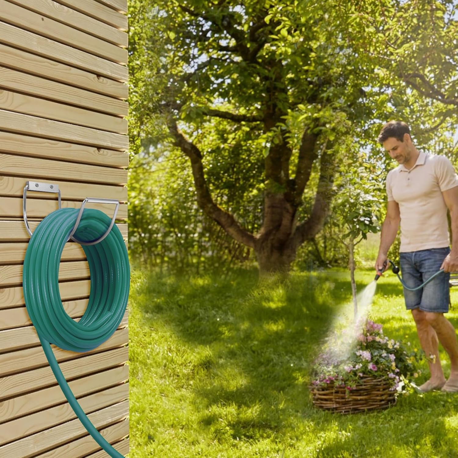 Garden Hose Holder Wall Mounted,304Stainless Steel Solid Hook Holds Up to 150Ft - Chrome