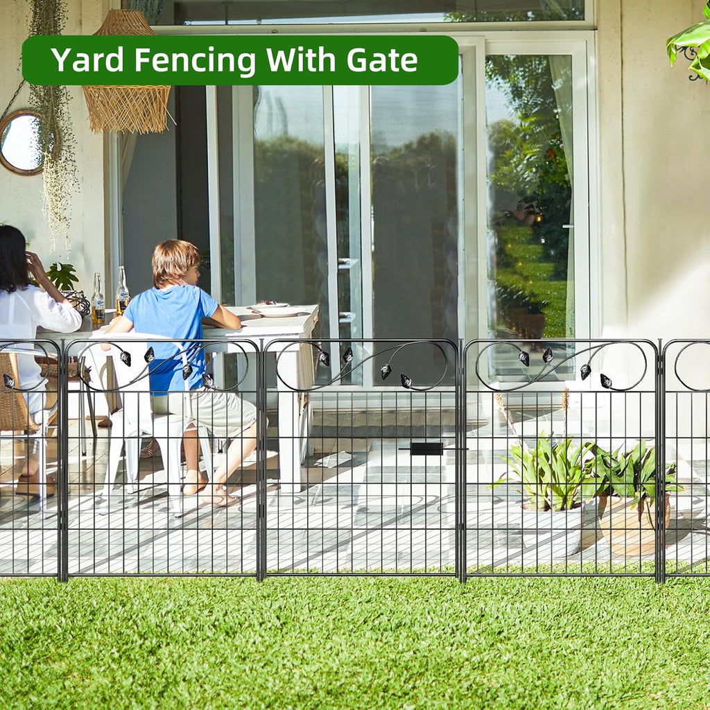 Decorative Metal Garden Fence 30in(H) X16ft(L) 1 gate+7 Panels Temporary Dog Fence Border for Landscape Patio Outdoor with gate, No dig Garden Fencing Gates for Yard