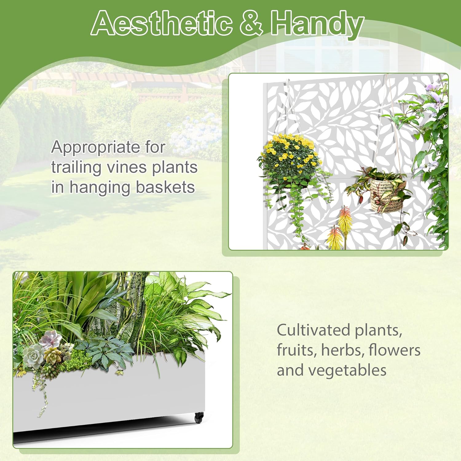 Raised Garden Bed with Trellis and Wheels,73"x47"x16" Metal Raised Garden Bed,White Flowing Leaf-2 Metal Planter with Climbing Trellis for Vines & Vegetables