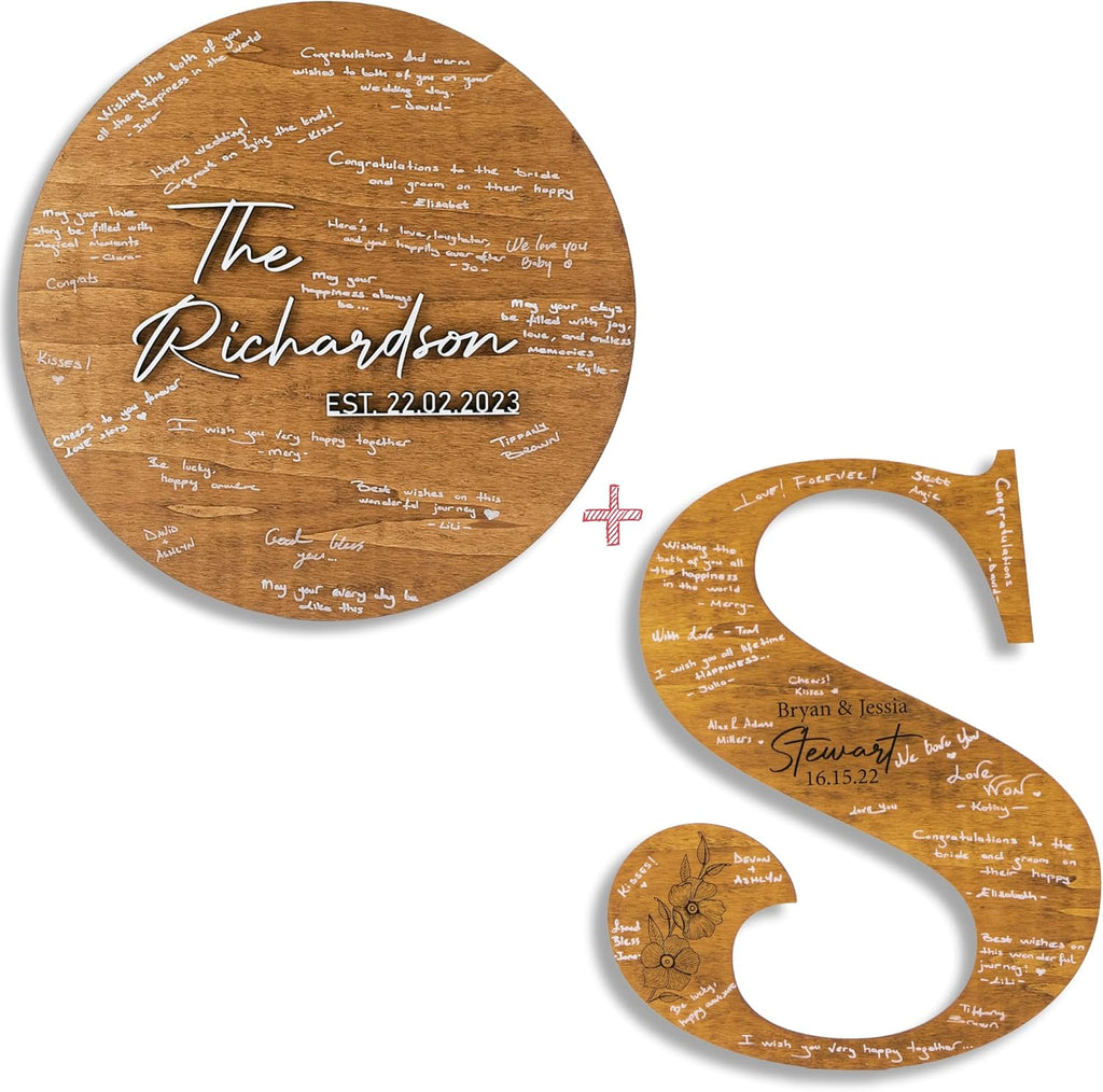 Wedding Guestbook Sign for Couple - Personalized Round Wooden Sign with Initial Letter, Rustic Wedding Guest Book Alternative, Custom Name Sign, Engagement Party Decor, Reception Table Decoration