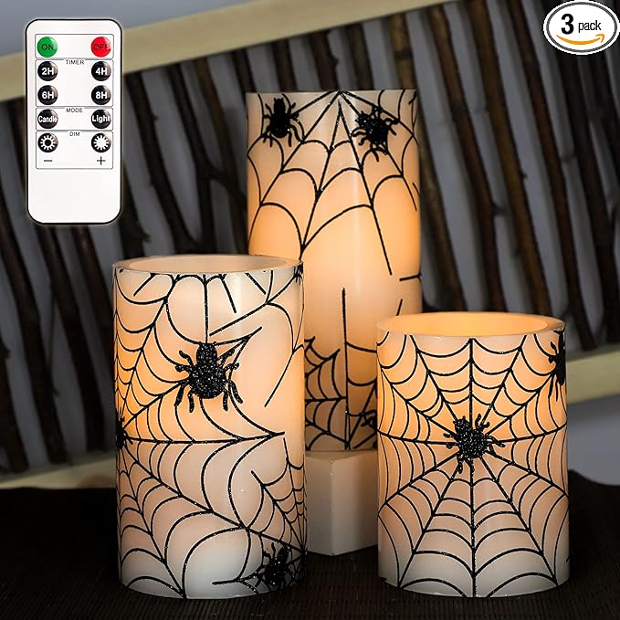 Spider Web Decor Flameless Candles Battery Operated with Remote Timer Haunted House Spooky Decorations Set of 3 Real Wax Black LED Flickering Candles Decorative for Halloween Decor Party