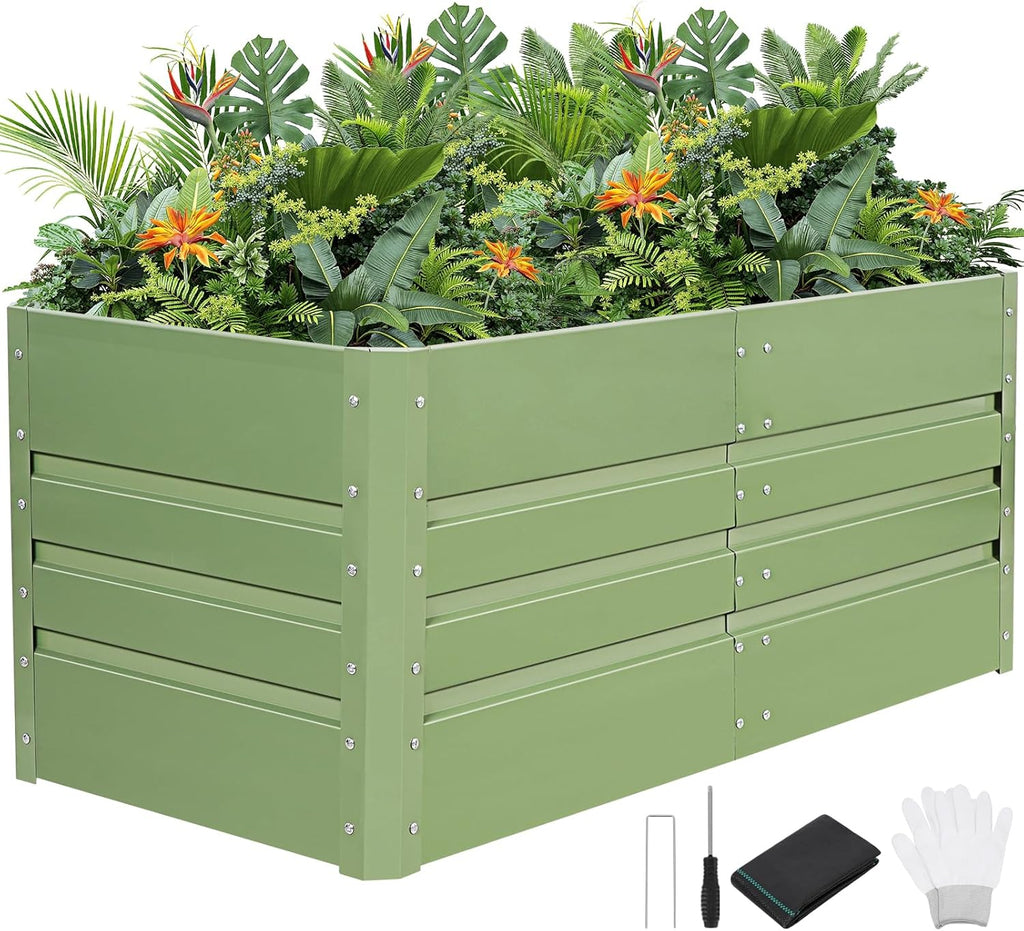 G GOOD GAIN 4x2x1.8ft Raised Garden Bed - Metal Planter Box Outdoor with Weed Barrier Fabric | Deep Root Raised Beds for Gardening Vegetables Flowers Herb Fruits (Olive Green)
