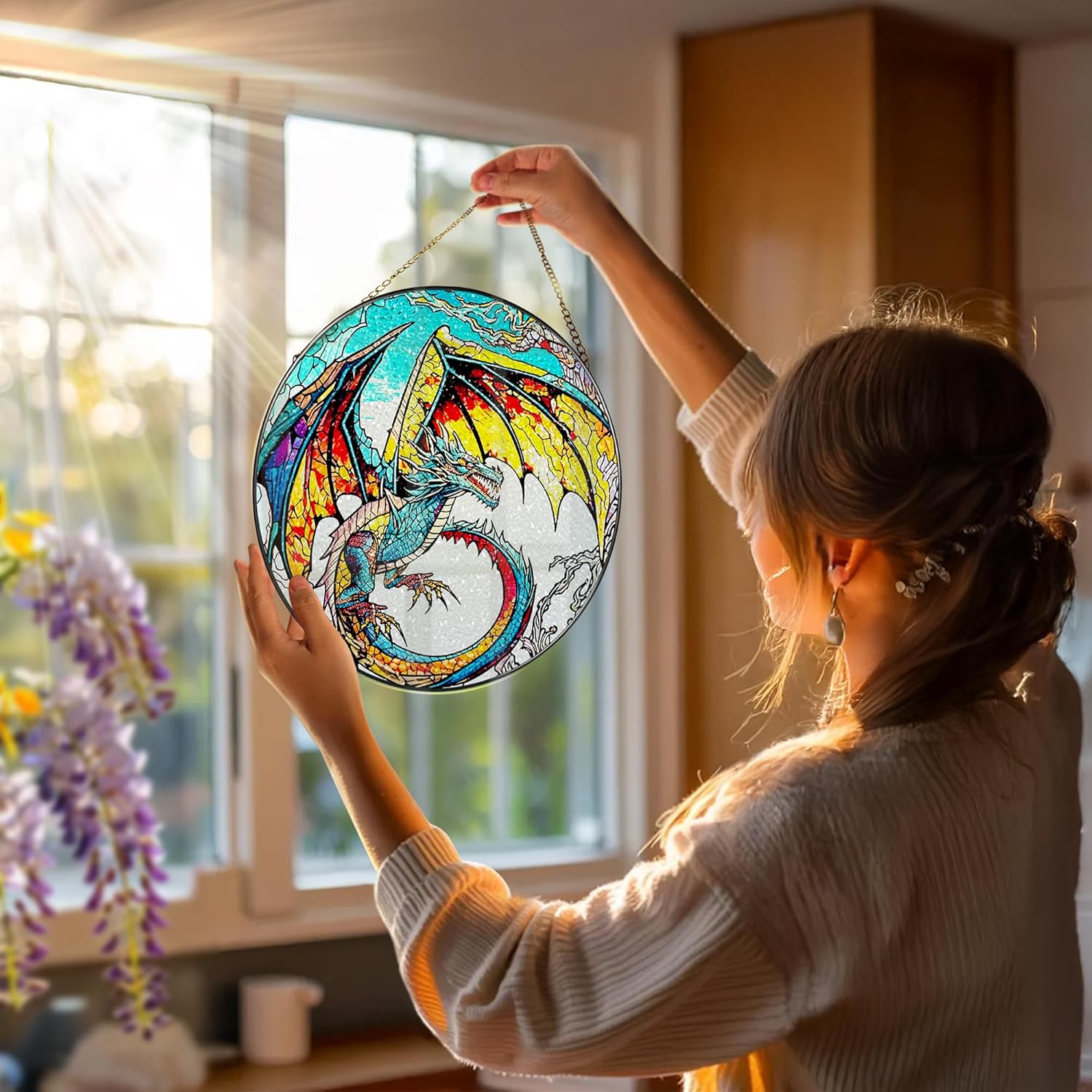 Stained Glass Window Hanging, Stained Glass Suncatcher, Dragon Sun Catcher, Window Decor, Dragon Lover Gift, Gifts for Fathers Day, Christmas or Birthday Gift, Gifts for Him Dad Grandfather Son