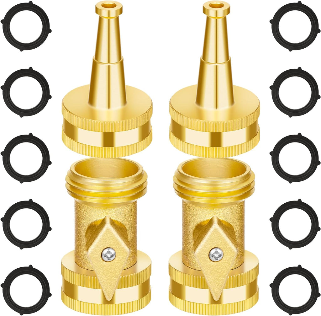 AUTOMAN Brass Hose Nozzle - High Pressure Jet Nozzle 4 Count (2 Set), Heavy Duty Water Hose Sprayer Sweeper with Hose Shutoff Valve, 3/4” GHT Nozzles for Garden Hose, Car Wash, Extra 10 Rubber Washers