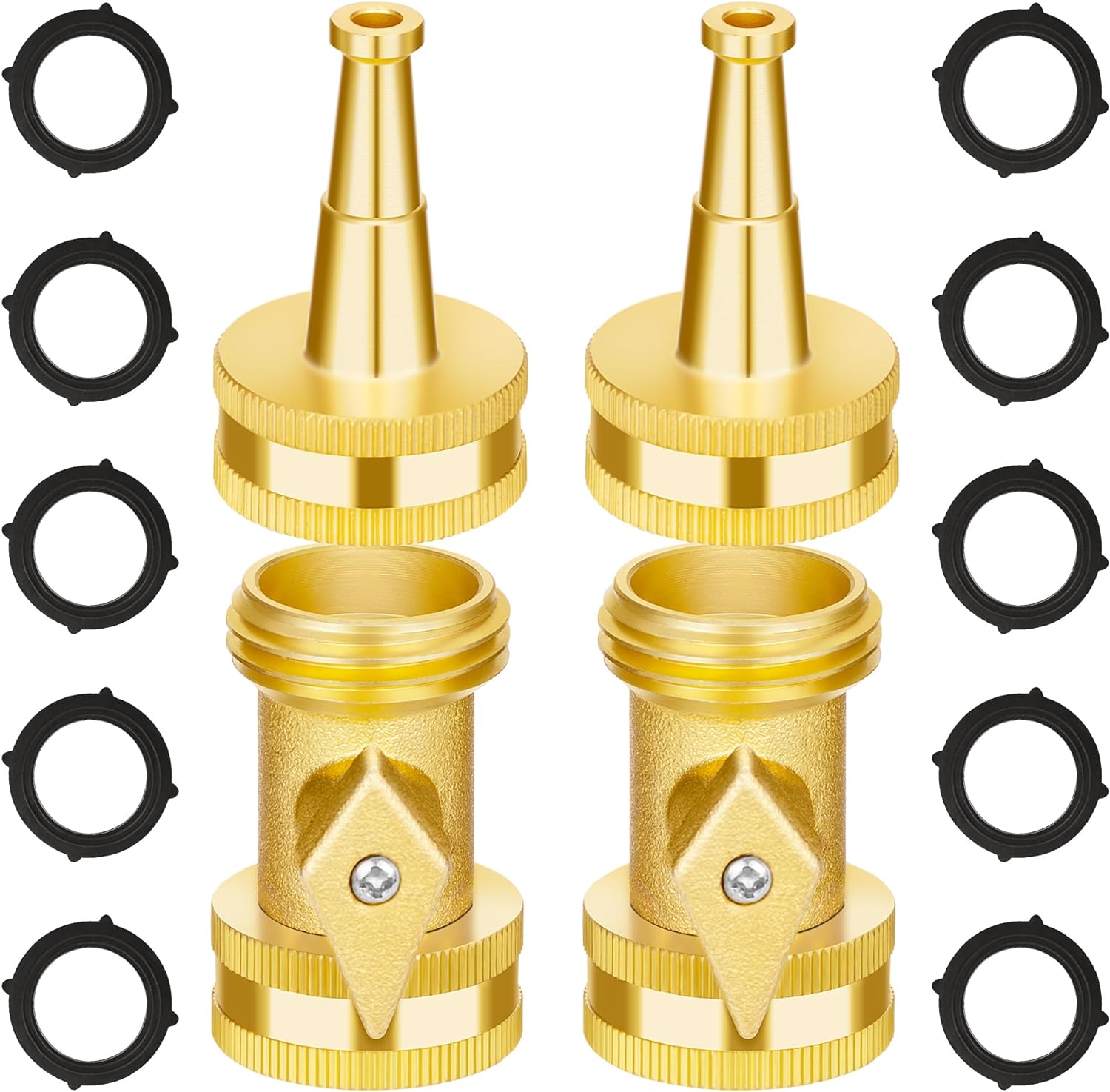AUTOMAN Brass Hose Nozzle - High Pressure Jet Nozzle 4 Count (2 Set), Heavy Duty Water Hose Sprayer Sweeper with Hose Shutoff Valve, 3/4” GHT Nozzles for Garden Hose, Car Wash, Extra 10 Rubber Washers