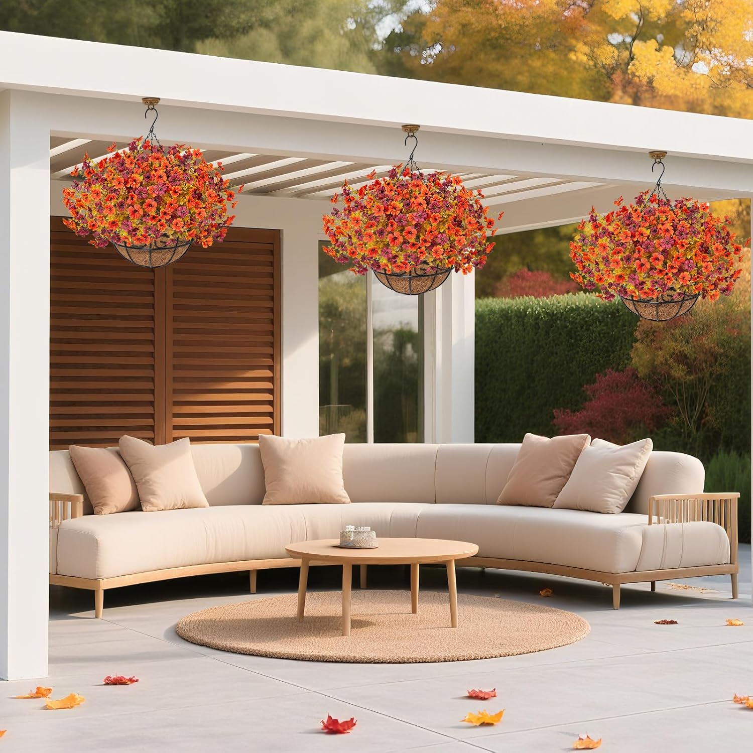 Fall Artfiticial Hanging Flowers Baskets for Outdoors, UV Resistant Fake Fall Hanging Plants, Faux Orange Flowers for Autumn Home Patio Garden Front Porch Balcony Decor (Orange Red)