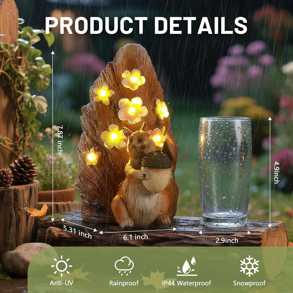 Solar Squirrel with Acorn Statue Light, Weatherproof Resin Animal Figurine Light Garden Decor Auto On/Off - Woodland Gift for Patio & Yard
