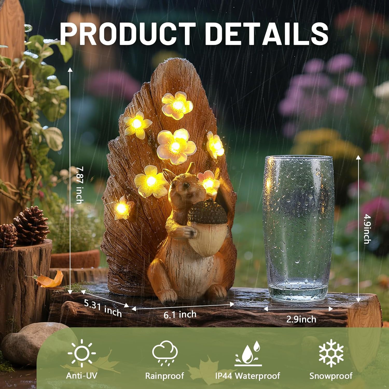 Solar Squirrel with Acorn Statue Light, Weatherproof Resin Animal Figurine Light Garden Decor Auto On/Off - Woodland Gift for Patio & Yard