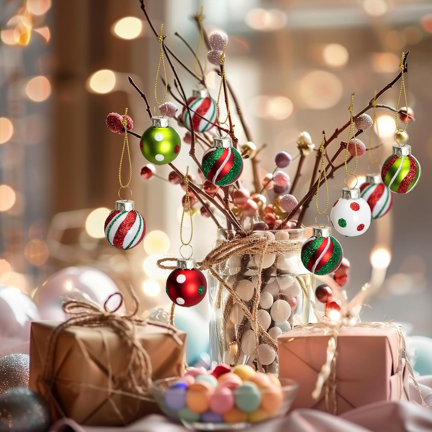 Watayo 24 Pcs Christmas Glittering Elf Balls Glass Ornaments for Tree, 1" Mini Painted Swirl Dots Elf Balls Hanging Ornaments, Christmas Red Green Ball Tree Decoration for Xmas Party Home Decor