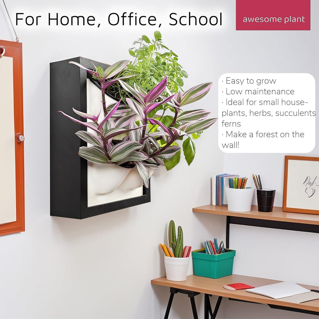 Wall Garden 4 Vertical Wall Planter, 4 Pots Wood Frame Self Watering Living Planter for Home Office Decor, Wall-Mounted Planter for Indoor Houseplants (Black)