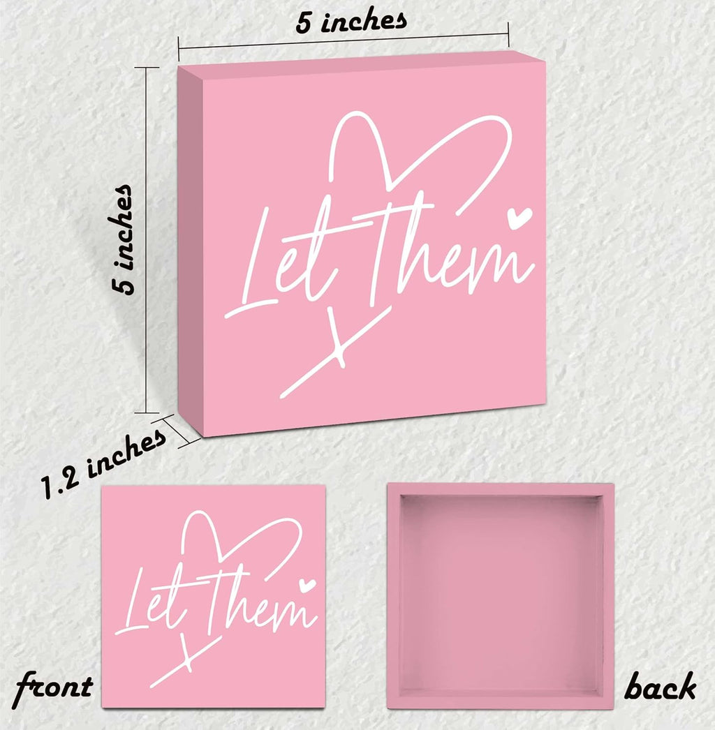 Let Them Wooden Sign, Pink Office Decorations for Work, Let Them Mental Health Rustic Wood Box Signs 5x5 Inch, Desk Shelf Tabletop Decor for Home Cubicle Decor, Office Gifts for Coworkers Women, 19