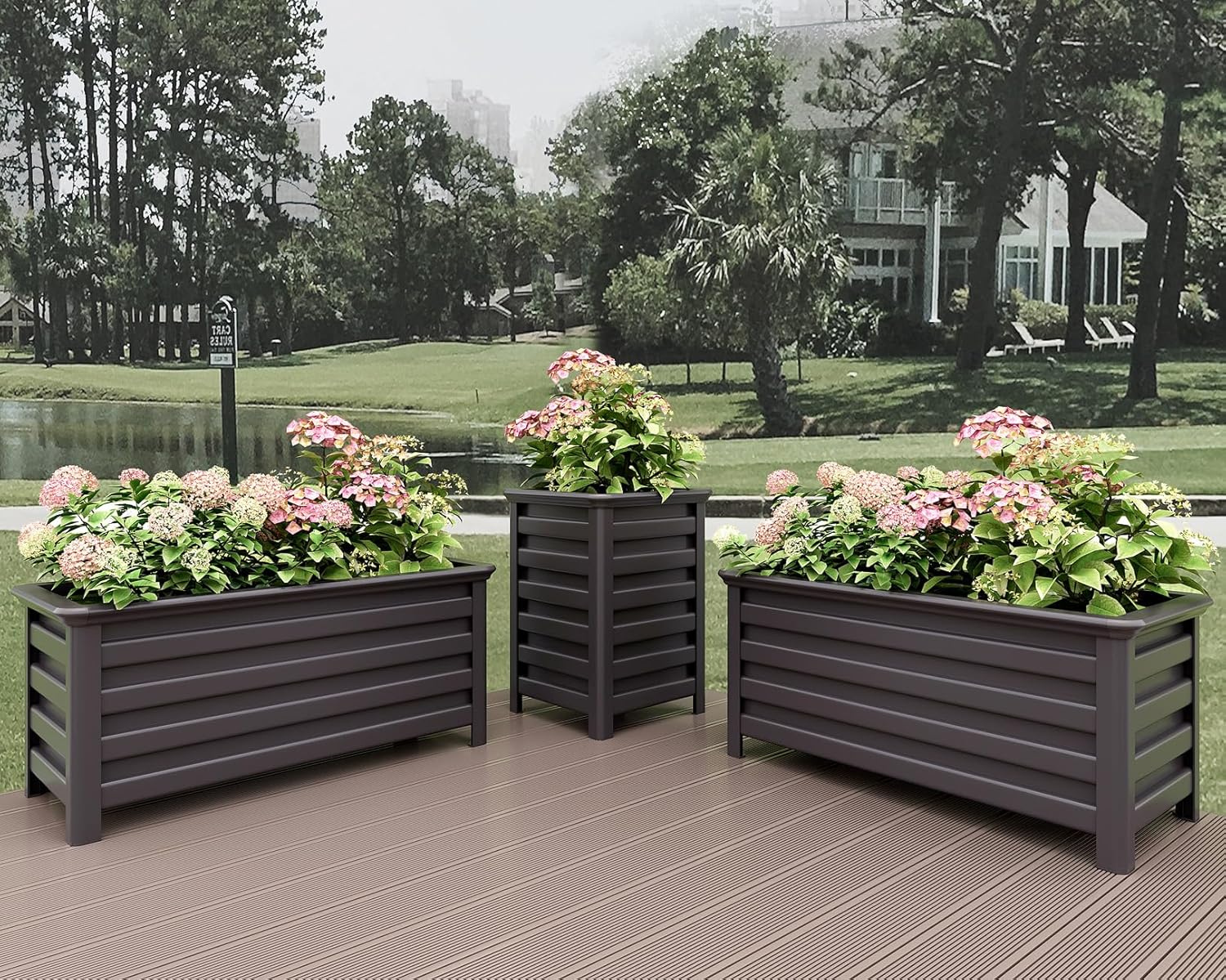 Aluminum Rectangular Outdoor Planter 39.36" Long Box Planter for Patio Porch Indoor Outdoor Weather-Resistant Large Planters with Drainage Hole for Flowers, Dark Brown, 19.68"D x 39.36"W x 19.68"H
