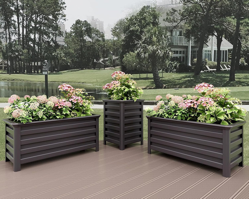 Aluminum Outdoor Planter - 19.68" Tall Planter Box for Patio Porch Indoor or Outdoor Durable Weather-Resistant Large Planters for Flowers with Drainage Hole, Dark Brown, 19.68"D x 19.68"W x 27.56"H