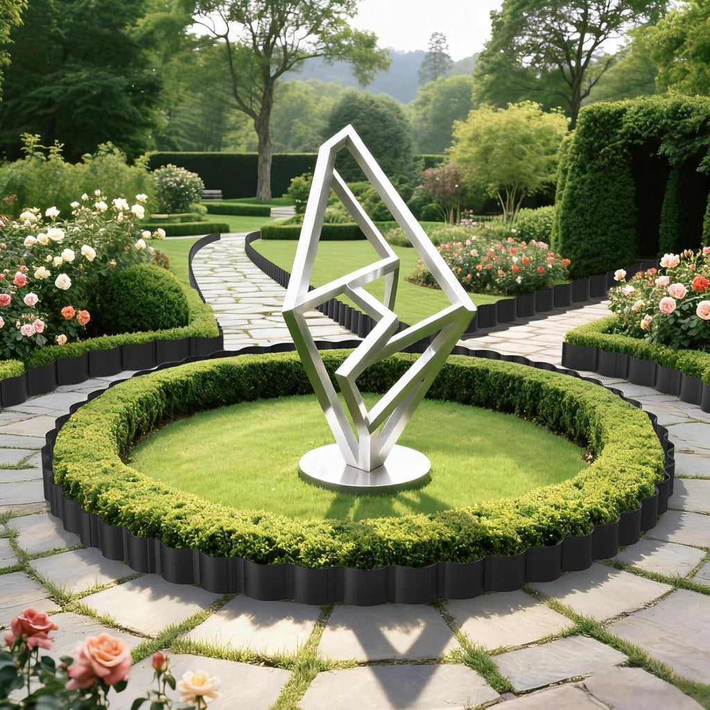 Mars Villa Landscape Edging 10FT, Interlocking Landscape Edging 5.9in Flowerbed Border Edging Plastic Flexible Flower Bed Lawn Edging for Outdoor Pathway, with Stakes（Black, 8PCS）