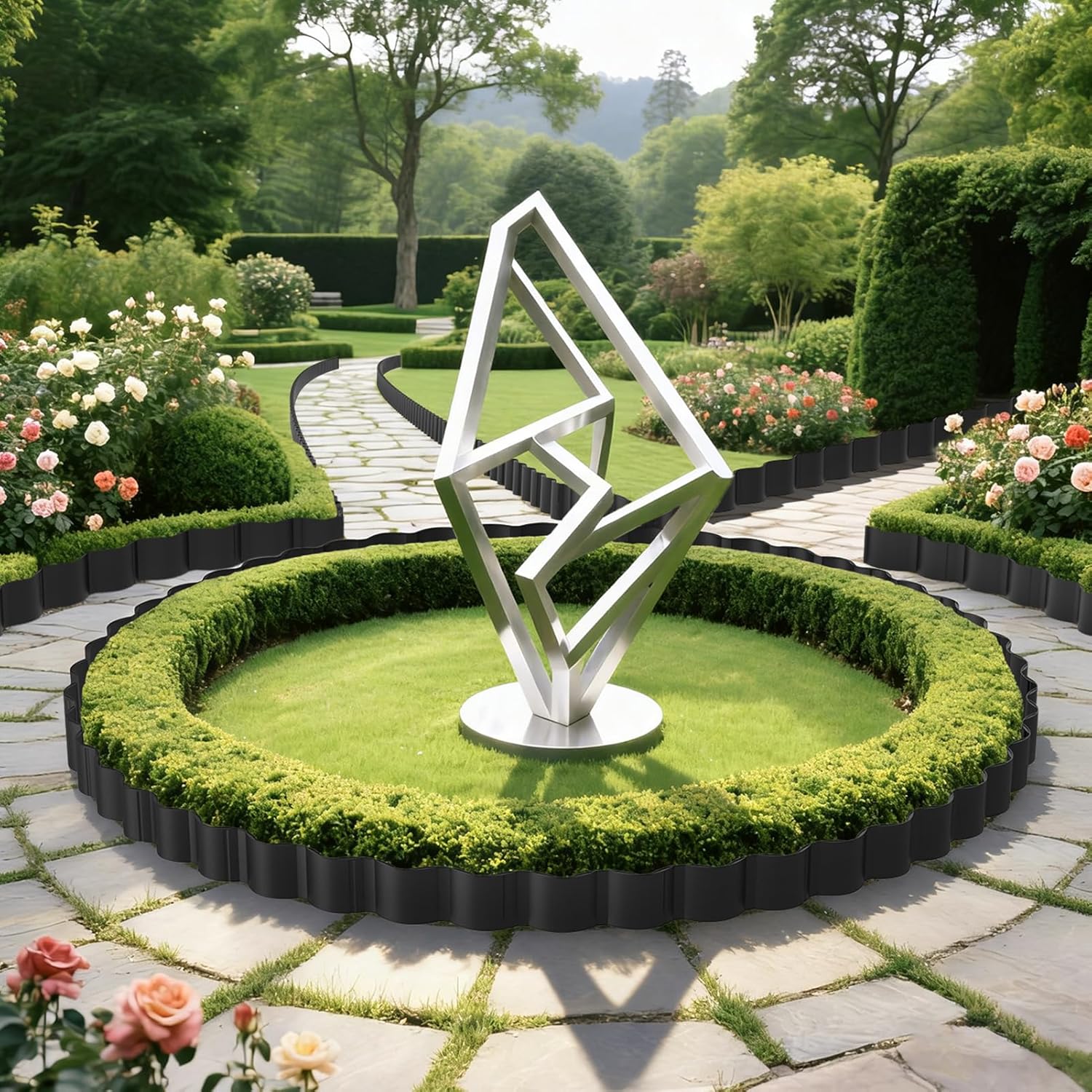 Mars Villa Landscape Edging 10FT, Interlocking Landscape Edging 5.9in Flowerbed Border Edging Plastic Flexible Flower Bed Lawn Edging for Outdoor Pathway, with Stakes（Black, 8PCS）