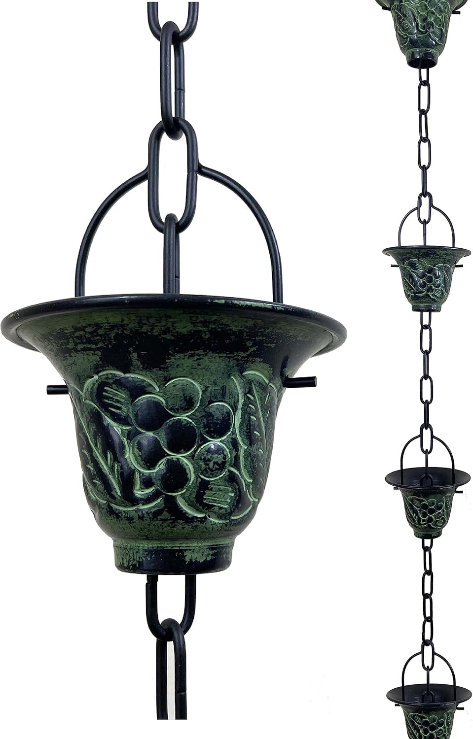 8.5 ft Grape Leaf Vineyard Cups Green Patina, to Replace Roof Gutter Downspout, with Installation Kit, Rainwater Catcher/Water Diverter, JAS8005GN