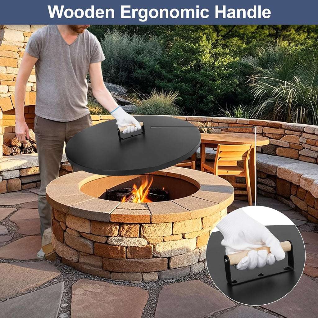 1MORE Fire Pit Lid Round 30" - Metal Firepit Lid with Wooden Handle for Patio Firepits,Rust Resistant 1.5mm Fire Pits Metal Lid,Outdoor Firepits Accessory, Smokeless Fire Pits Cover Round Metal