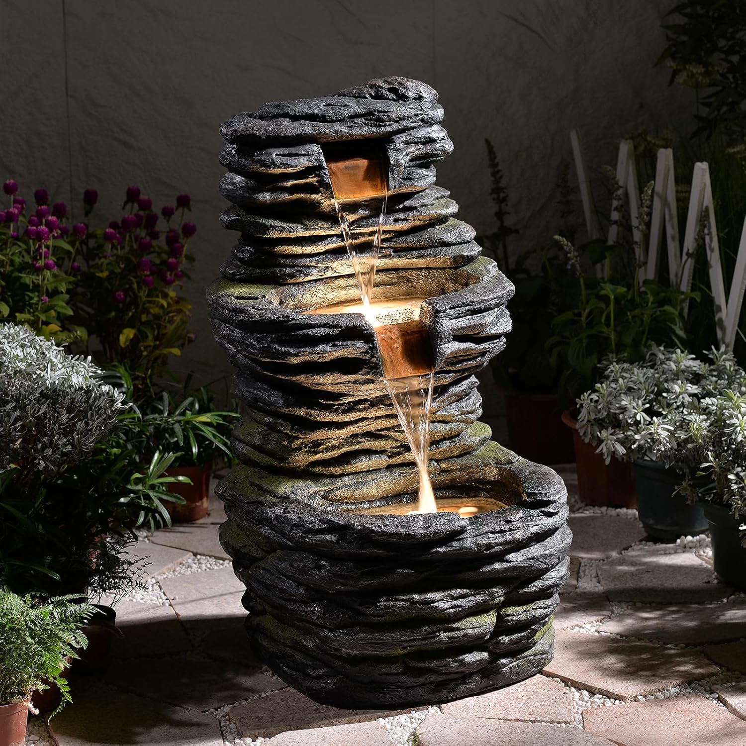 28.8” Tall Rock Water Fountain Outdoor Garden, 3-Tiers Cascading Rock Natural Waterfall Fountains with LED Lights, Indoor Resin Water Feature Fountain for Patio, Garden and Backyard, Deck, Porch, Home