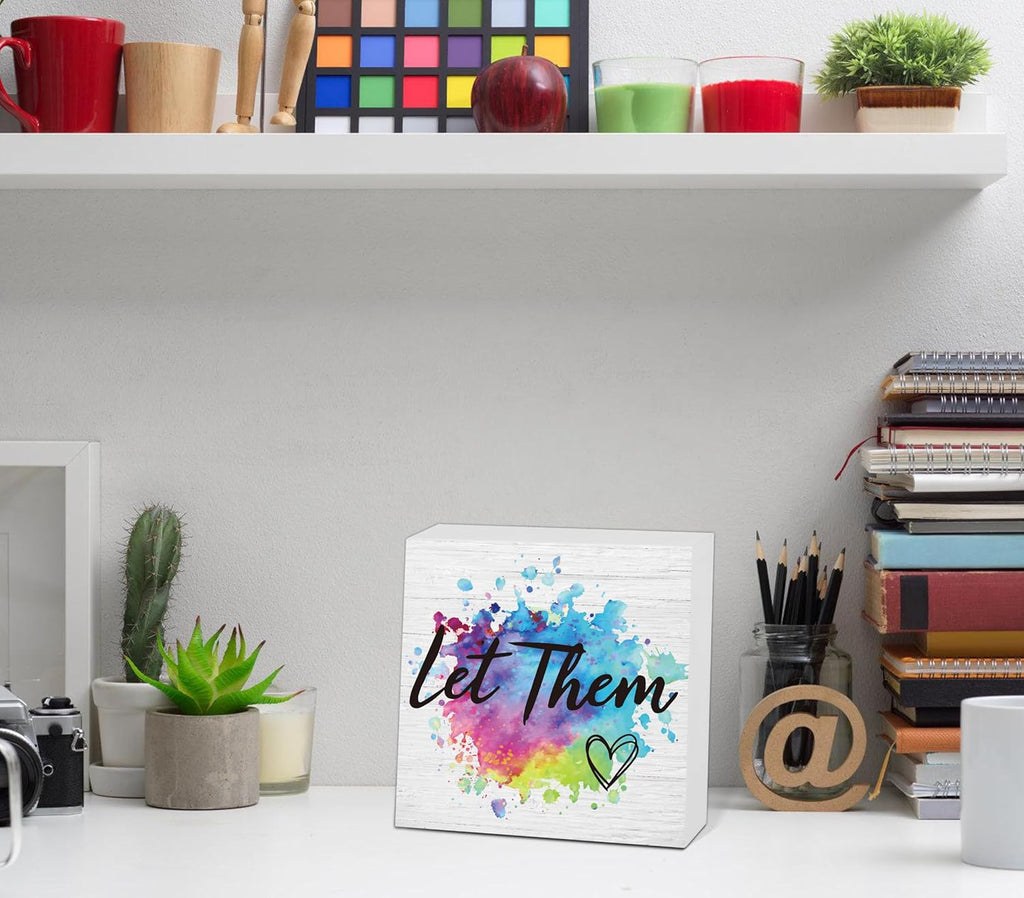 Let Them Wooden Sign, Desk Decorations For Women Office, 5x5 Inch Colorful Splash Funny Office Decor Wood Box Sign, Desk Shelf Cubicle Accessories, Appreciation Gifts for Coworkers Boss, 01
