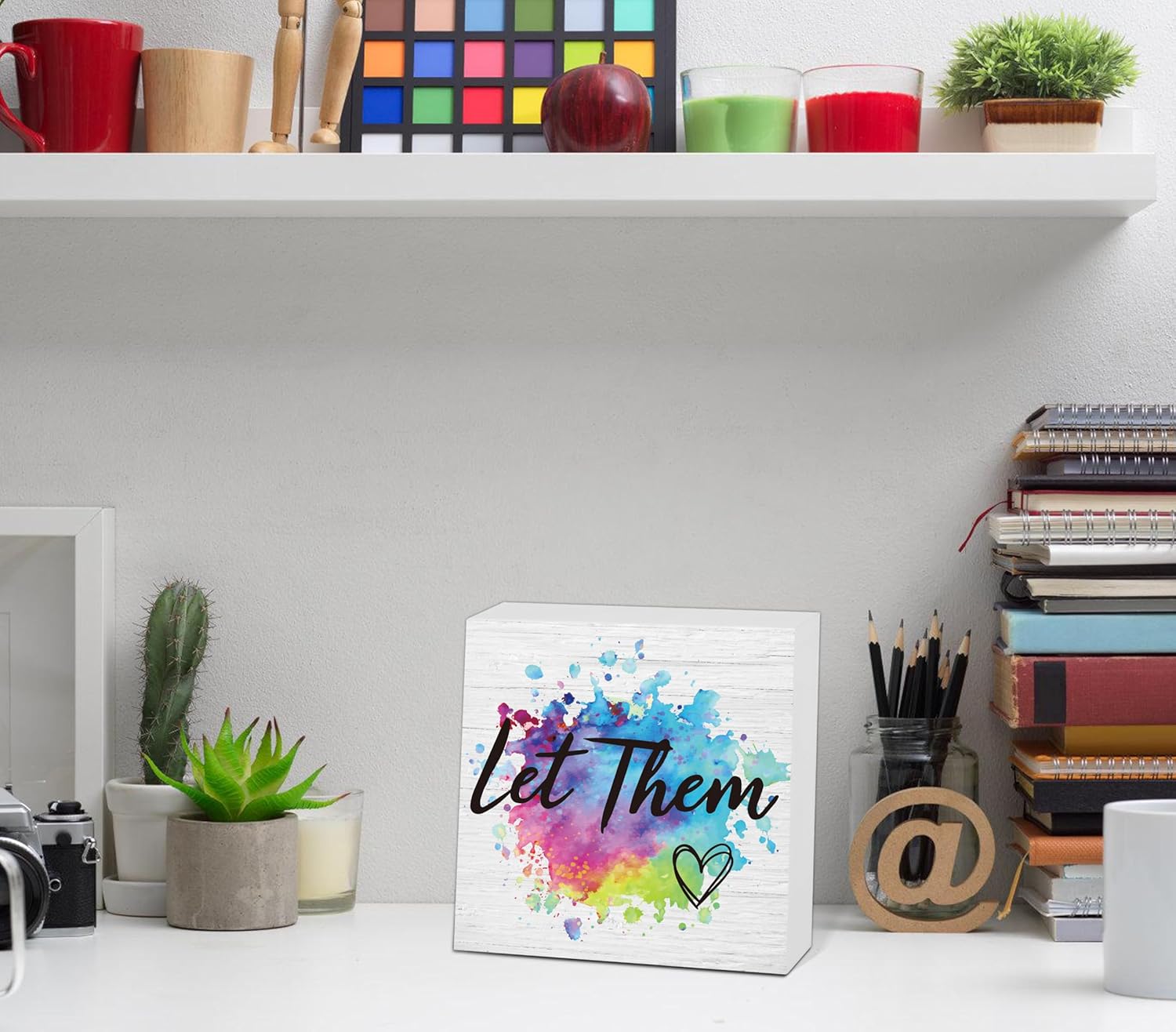 Let Them Wooden Sign, Desk Decorations For Women Office, 5x5 Inch Colorful Splash Funny Office Decor Wood Box Sign, Desk Shelf Cubicle Accessories, Appreciation Gifts for Coworkers Boss, 01