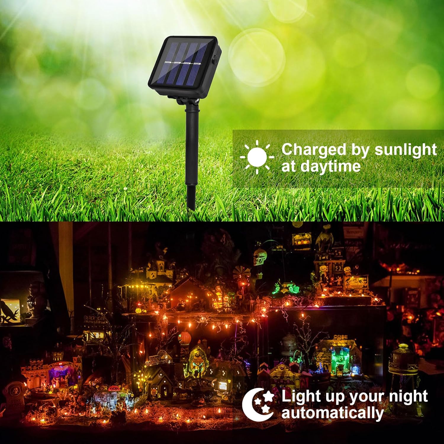 Solar Powered String Lights Outdoor, 2 Pack Total 200 LED 66FT Solar Powered Halloween Decorative Fairy Lights 8 Modes Black Wire for Halloween, Garden, Patio, Party, Yard, Christmas(Orange)