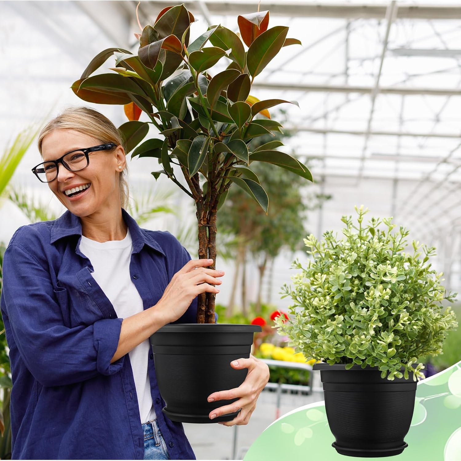 12 Pack 10'' Plastic Plant Pots Round Planter Pots with Saucer Tray Seedling Pot Hole Seed Resin Plant Pot Starting Nursery Flower Container with Pallet for Garden Outdoor Indoor(Black)