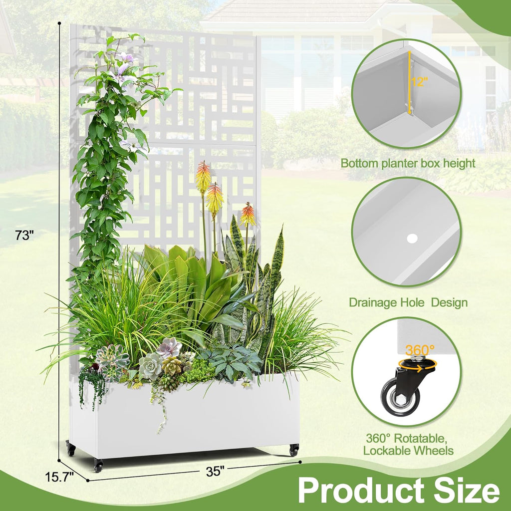 Raised Garden Bed with Trellis and Wheels,73"x35"x16" Metal Raised Garden Bed,White Modern Metal Planter with Climbing Trellis for Vines & Vegetables